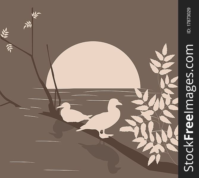 Romantic illustration - sunset and birds sitting on a tree above the water. Romantic illustration - sunset and birds sitting on a tree above the water