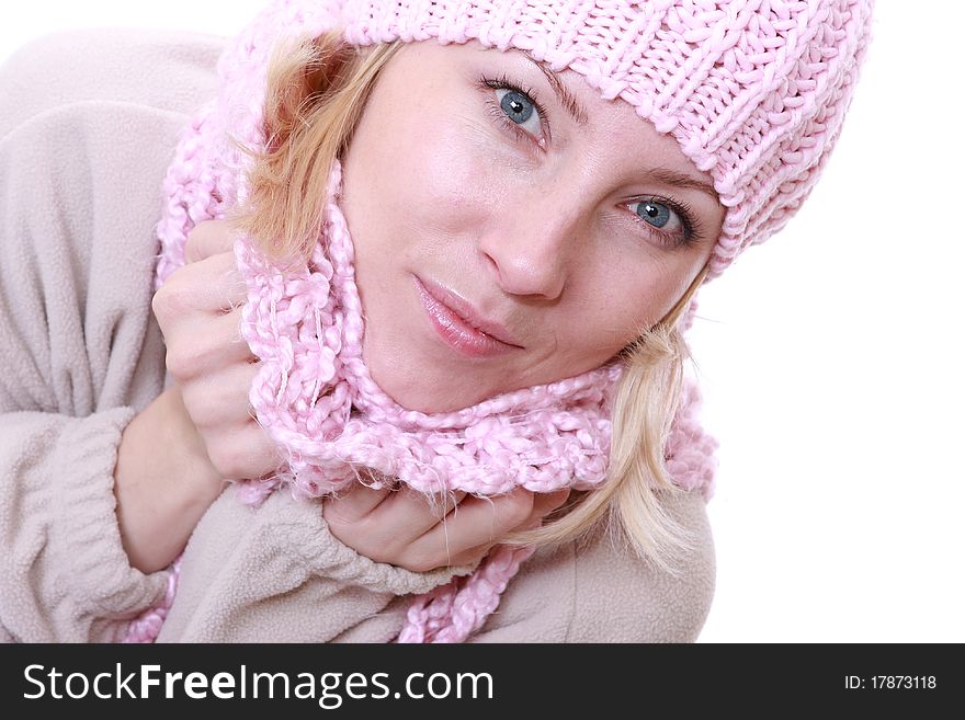 Picture of beautiful woman in winter pink hat. Picture of beautiful woman in winter pink hat