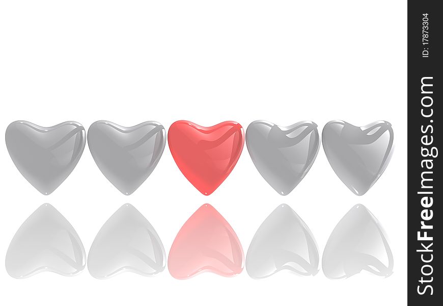 Four grey and one special heart with reflection on white isolated background. 3D Render. Four grey and one special heart with reflection on white isolated background. 3D Render.