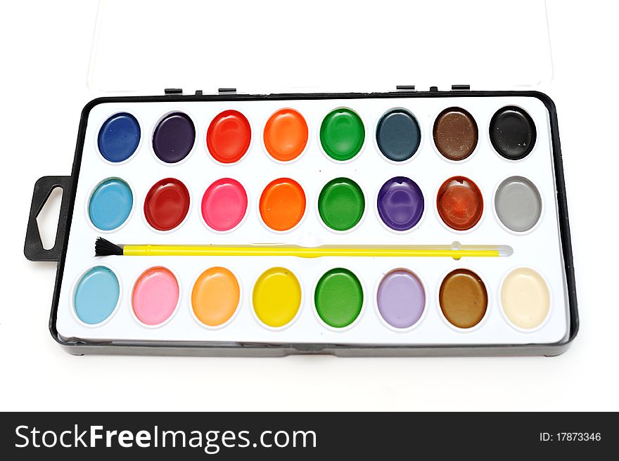 An image of a palette of bright aquarelle. An image of a palette of bright aquarelle