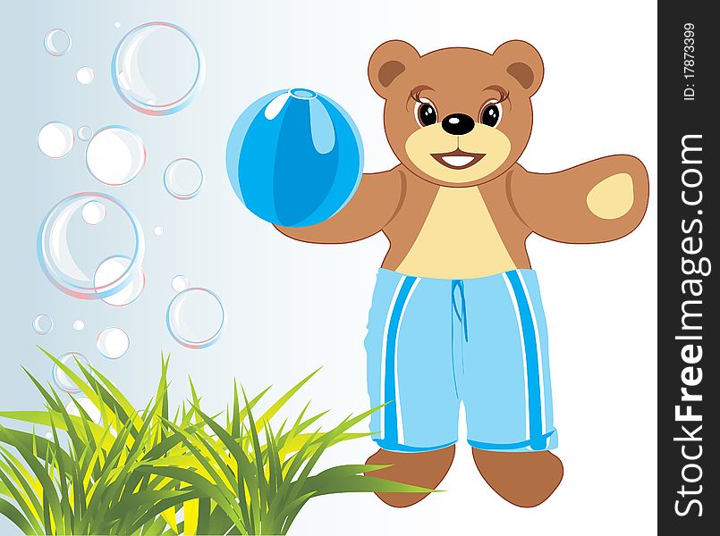 Bruin with ball among grass and bubbles. Illustration
