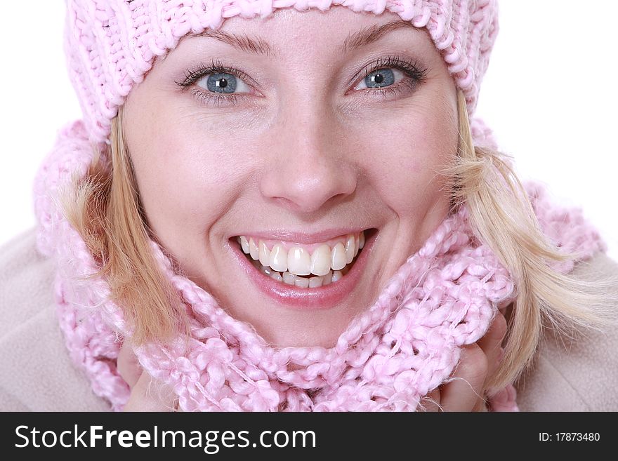 Picture of beautiful woman in winter pink hat. Picture of beautiful woman in winter pink hat