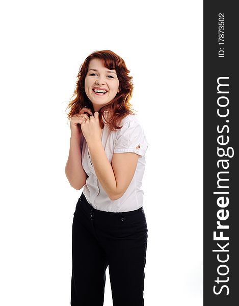 An image of happy young woman in white blouse. An image of happy young woman in white blouse