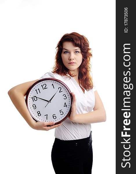 An image of a young woman with a big clock. An image of a young woman with a big clock