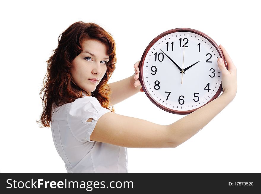 An image of a young woman with a clock. An image of a young woman with a clock