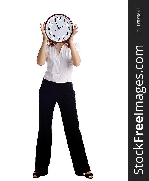 An image of a woman with big clock