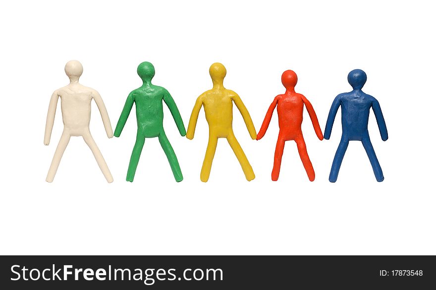 Five coloured plasticine men standing in a row. Isolated on white with clipping path. Five coloured plasticine men standing in a row. Isolated on white with clipping path