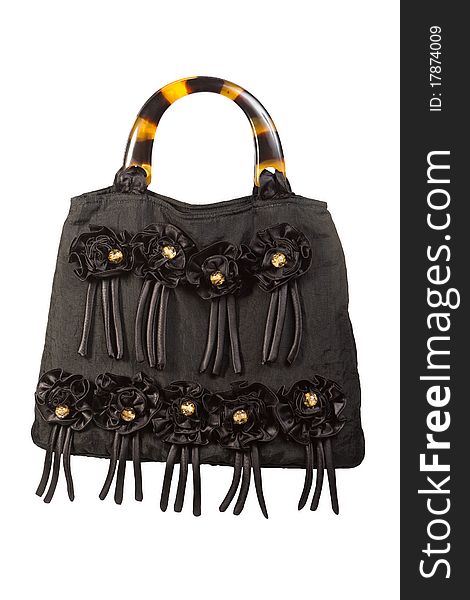 Female black handbag with decorative flowers