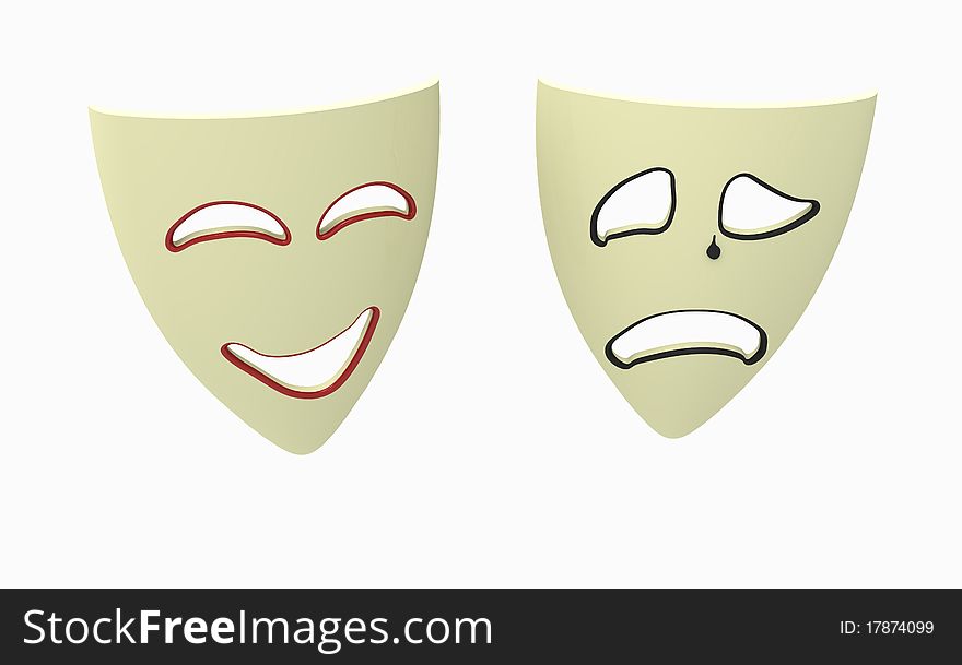 Two masks of laughter and grief on a white background