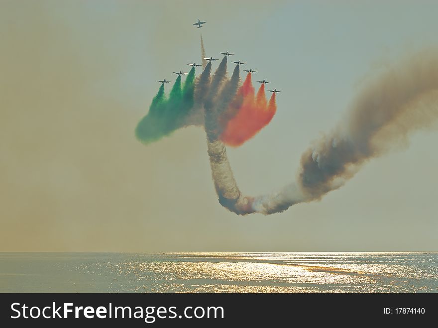 Italian tricolor arrows in the sky. Italian tricolor arrows in the sky