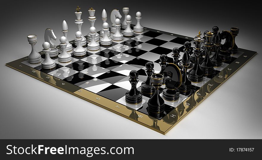 Composition with chessmen on glossy chessboard on black 3d render. Composition with chessmen on glossy chessboard on black 3d render