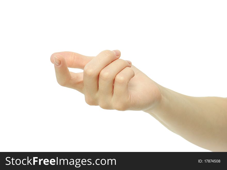 Hand pointing with index on a white background