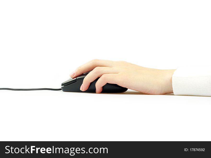 Hand with a computer mouse isolated on white