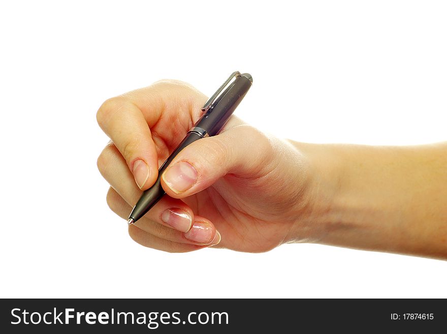 Hand holding pen isolated on white background. Hand holding pen isolated on white background