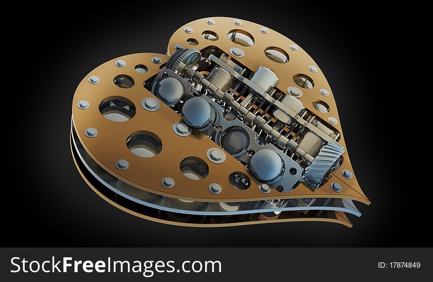 Mechanical heart V8 isolated on black 3d render