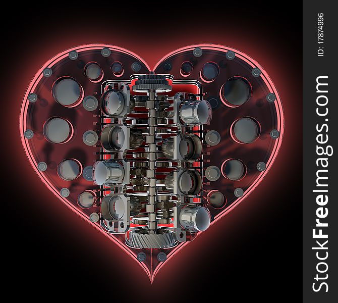 Mechanical heart V8 on black 3d