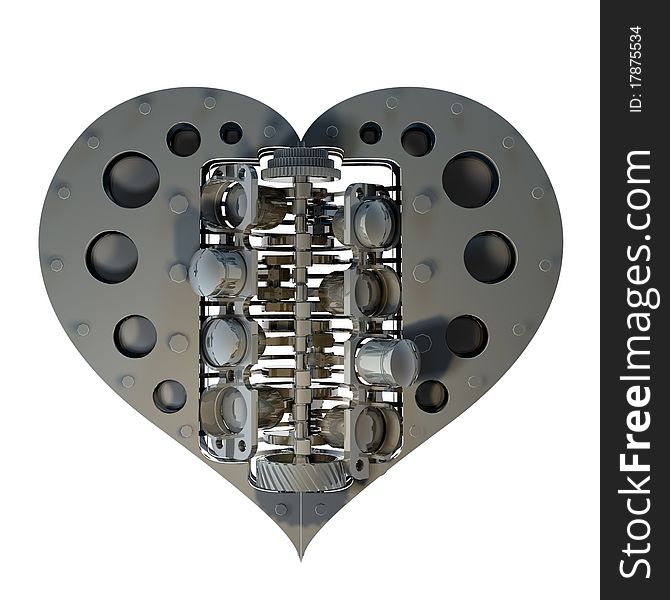 Mechanical heart V8 isolated on white 3d render. Mechanical heart V8 isolated on white 3d render