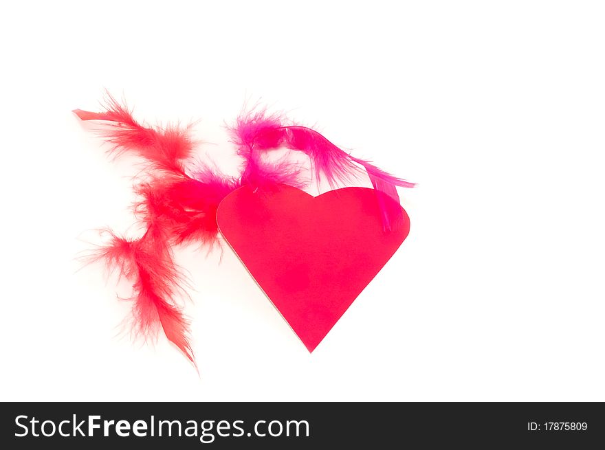 Heart with a red feather is isolated on a white background