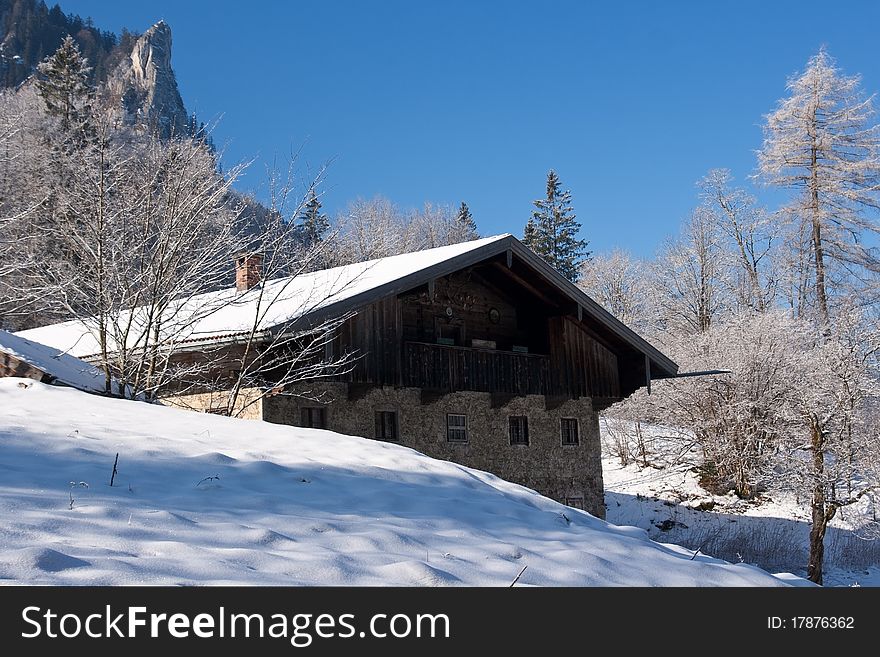 Alpine hut in the bavarian alps in winter