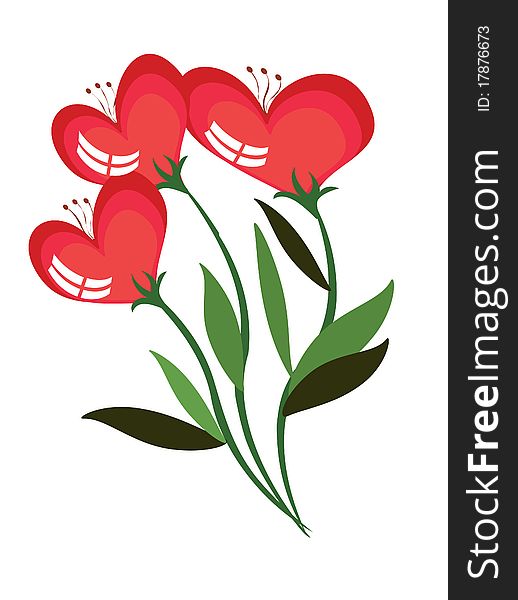 Red flowers hearts, isolated over white. Red flowers hearts, isolated over white