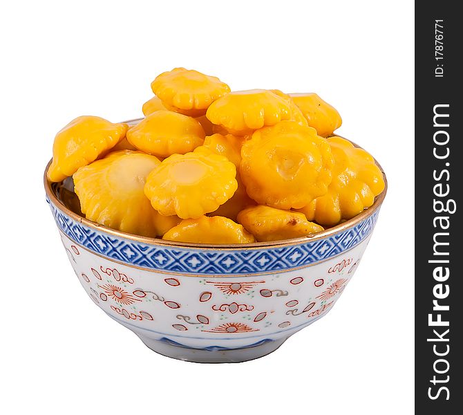 Marinaded bush pumpkins in a bowl from Chinese porcelain