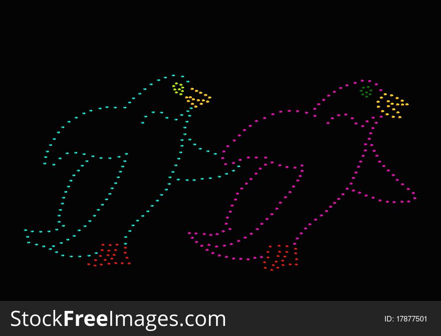 Two penguins running happily with black background