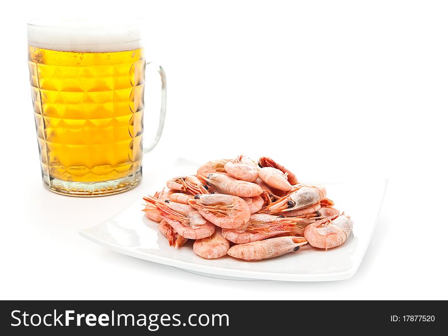 Beer In Glass And Prawns