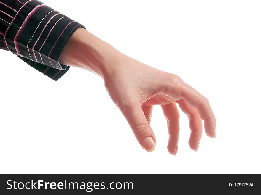 Female hand as it holding something. Isolated on white