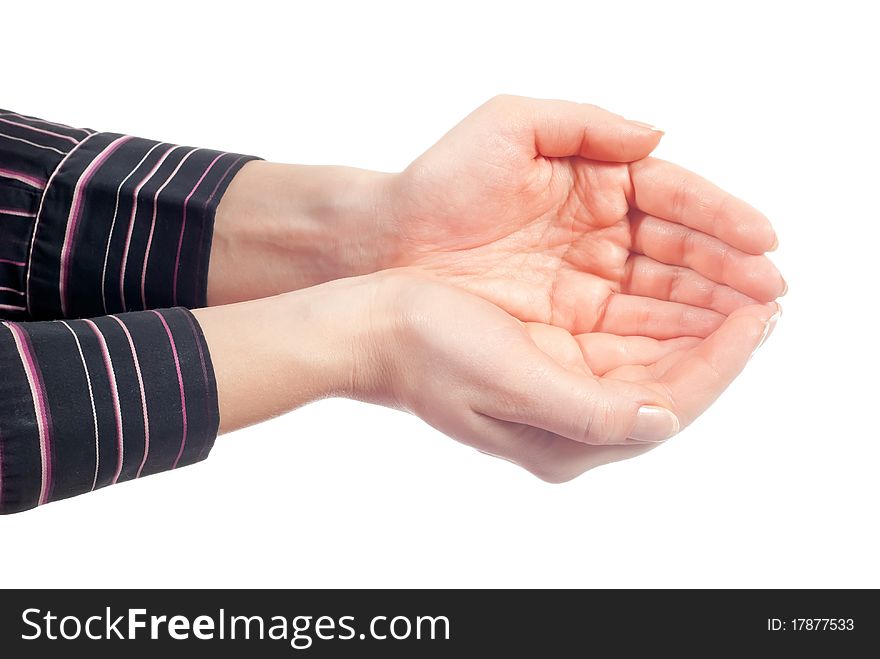 Beautiful woman's hands open. Isolated on white background