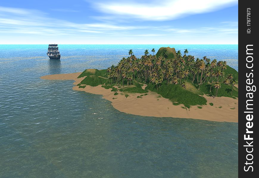 Fantastic island with old ship. Fantastic island with old ship
