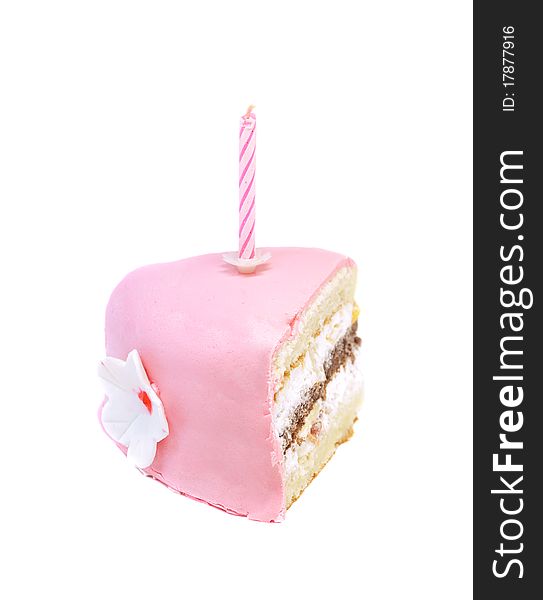 Cake and candle on a white background