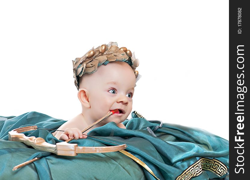 Caucasian baby boy in a valentine fancy dress on a white background