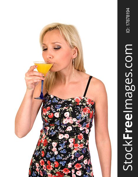 Girl drinks cocktail from glass isolated on white background. Girl drinks cocktail from glass isolated on white background.
