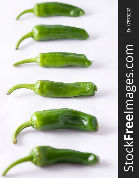 Green Spanish padron peppers in a line on a light background