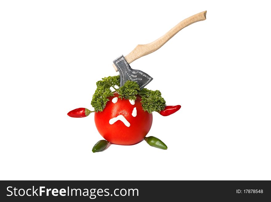 Red crying tomato with face and ax. Red crying tomato with face and ax