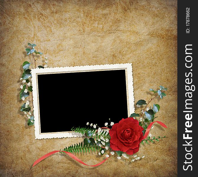 Vintage card for the holiday with red rose on the abstract background