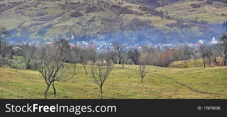 Fog on hills in a winter day