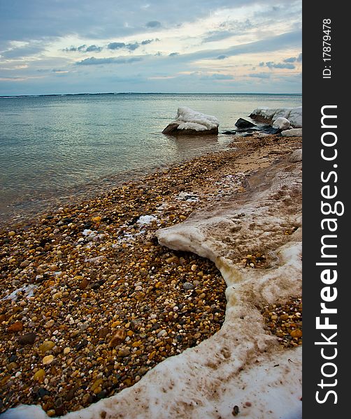 Coastal Beach Scene During Snowy Winter Months. Coastal Beach Scene During Snowy Winter Months