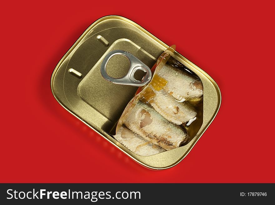 Tinned sardines on red background