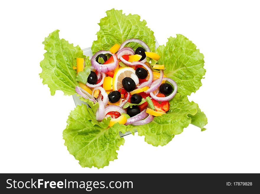 Salad of sweet peppers, lettuka, olives and onions on a platter. Salad of sweet peppers, lettuka, olives and onions on a platter