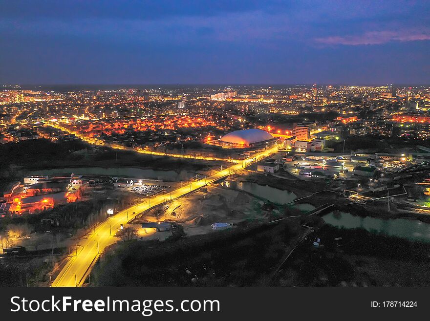 Bright multi-colored lights of the evening city of Ivanovo from a bird`s eye view