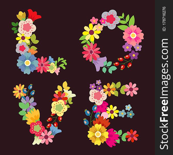 Love letter by flower. letter L, O, V, and E decorative cute floral. Love letter by flower. letter L, O, V, and E decorative cute floral