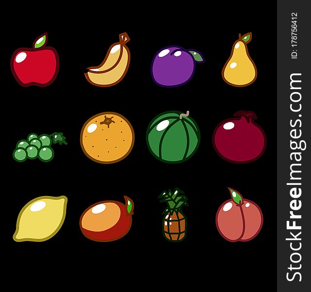 Simple cartoon vector icons 12 fruits. Simple cartoon vector icons 12 fruits