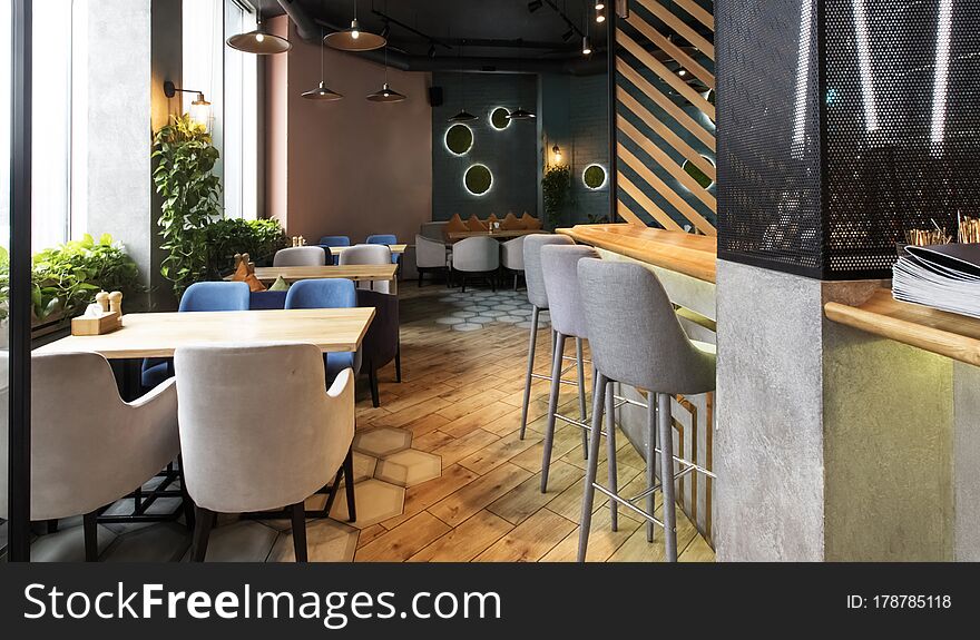 Empty Restaurant Interior While Coronavirus Pandemic, No People