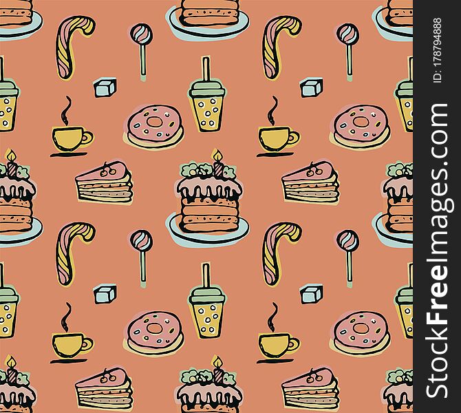 Desserts Seamless Pattern On A Pink Background. Hand Drawn Vector Doodle