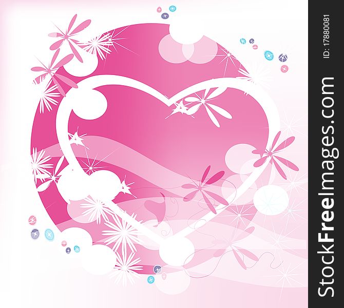 Heart on a pink background with snowflakes and colors