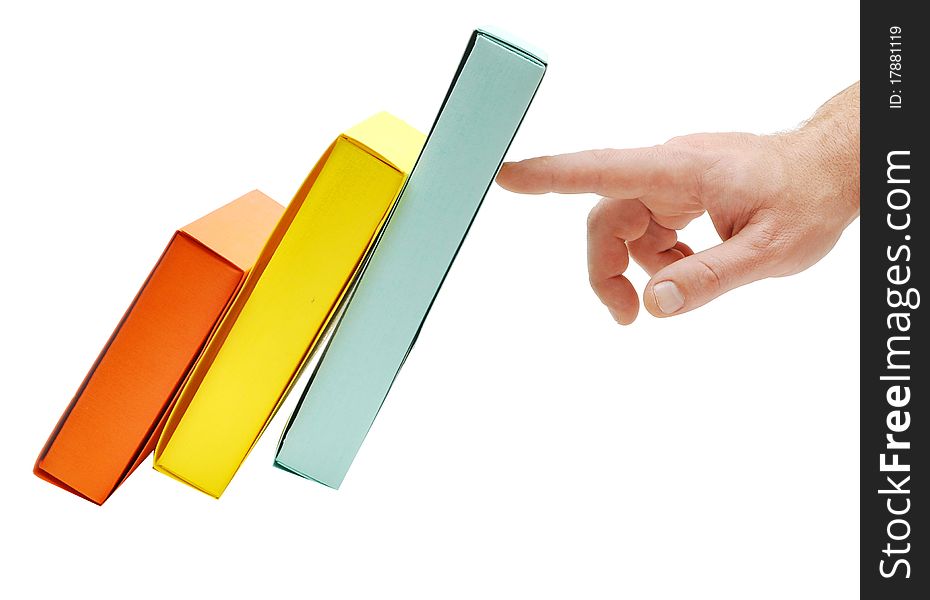 Hand holds the falling colored boxes on white background