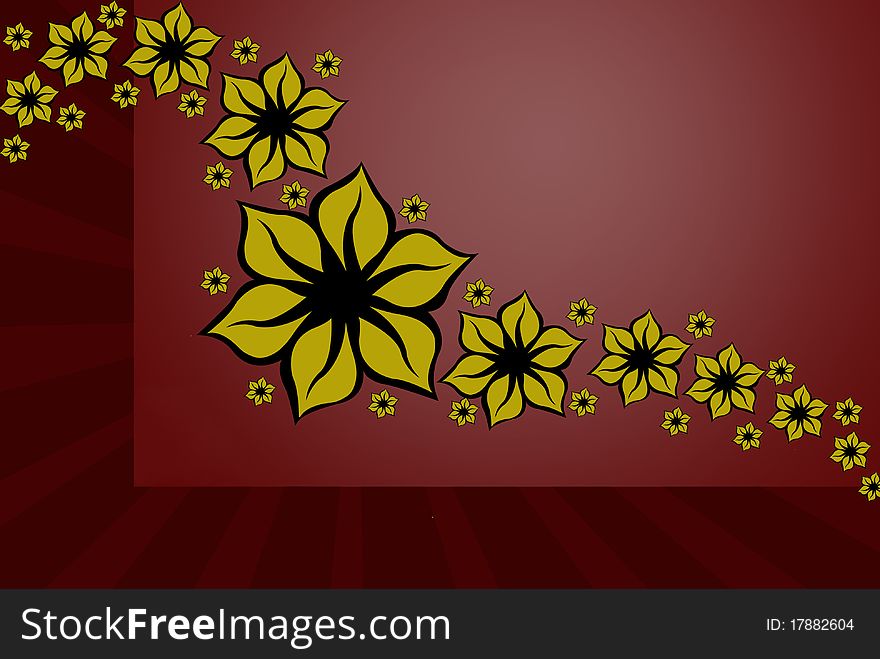 Floral design decoration with red rays in background