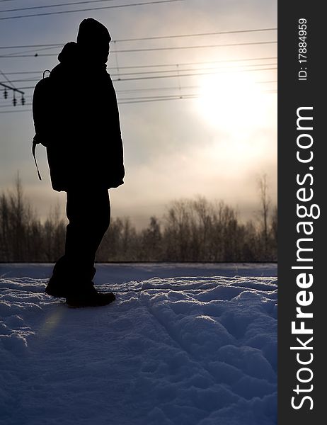 Silhouette of man on snow in winter. Silhouette of man on snow in winter