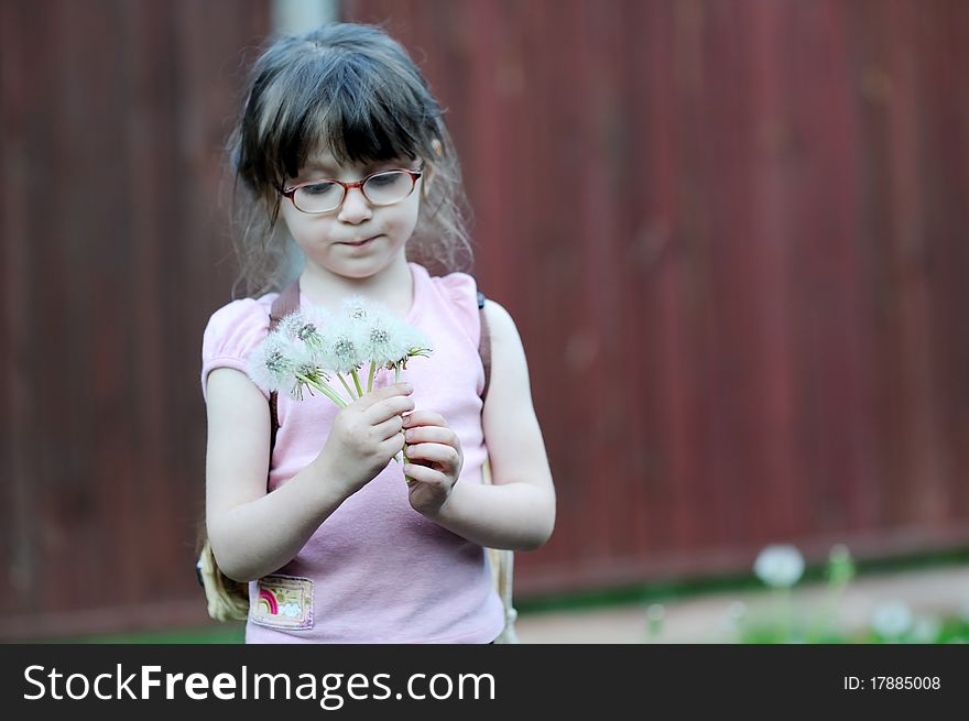 Adorable little girl with long dark hair with dandelions. Adorable little girl with long dark hair with dandelions